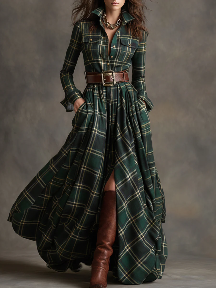 MARIA - Plaid Maxi Shirt Dress – Vintage-Inspired Long Dress with Button Front (Belt Not Included)