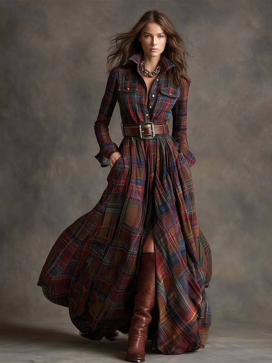 MARIA - Plaid Maxi Shirt Dress – Vintage-Inspired Long Dress with Button Front (Belt Not Included)