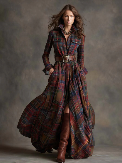 MARIA - Plaid Maxi Shirt Dress – Vintage-Inspired Long Dress with Button Front (Belt Not Included)