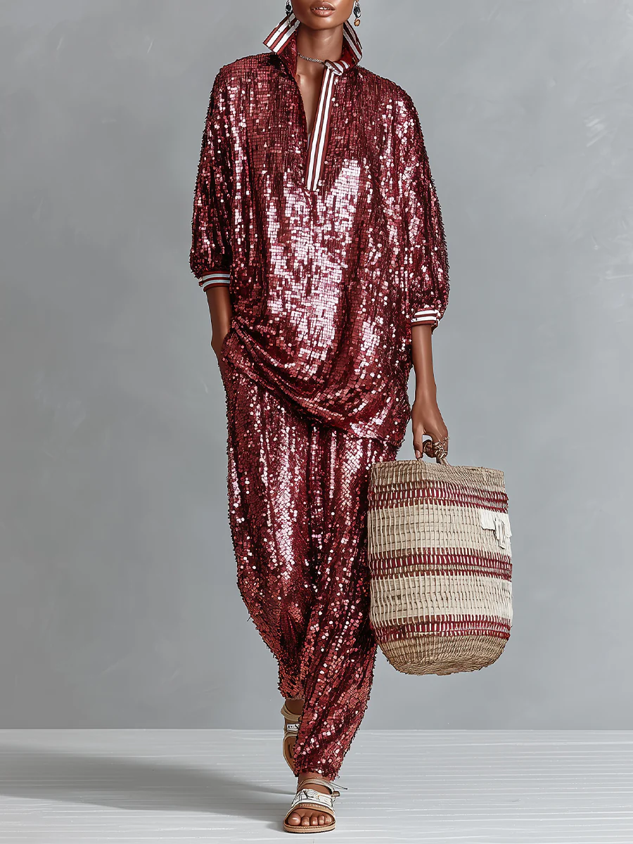 ELENA - Sequin Relaxed Set in Ruby Red