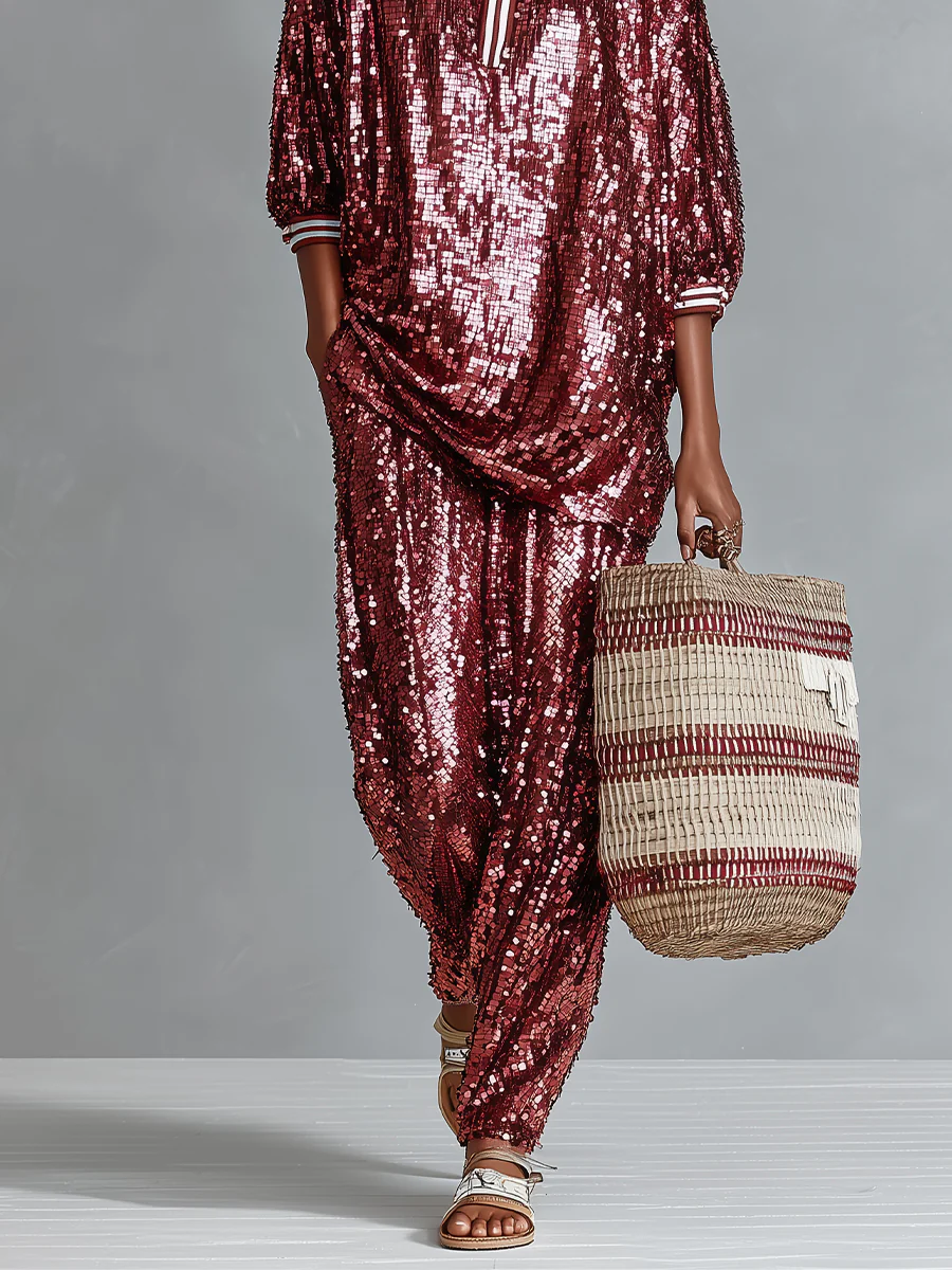 ELENA - Sequin Relaxed Set in Ruby Red