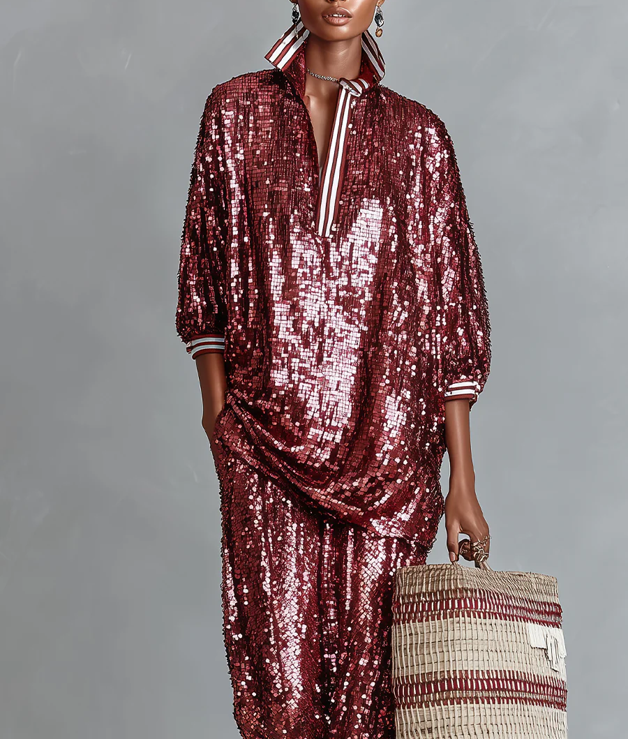 ELENA - Sequin Relaxed Set in Ruby Red