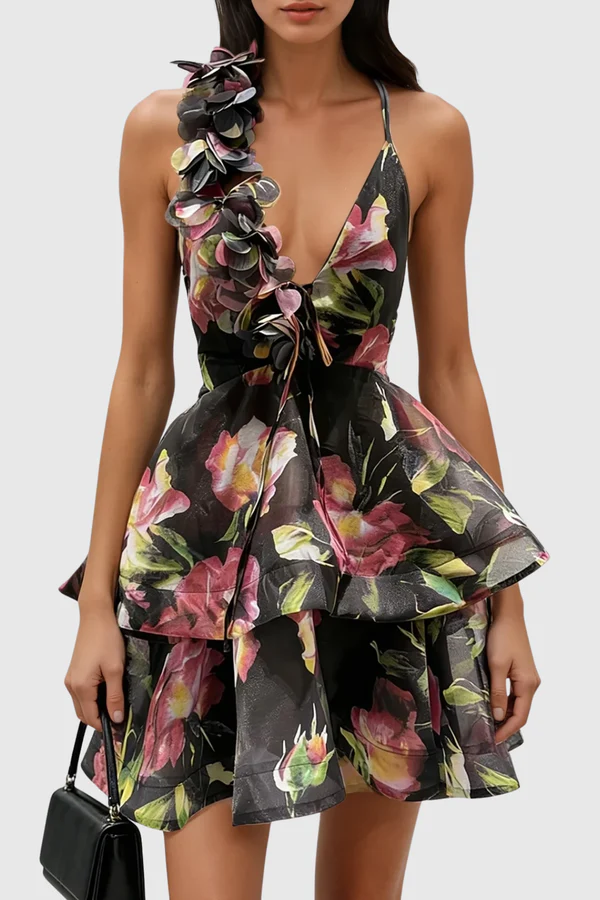 ERIKA - Asymmetric Floral Ruffle Mini Dress