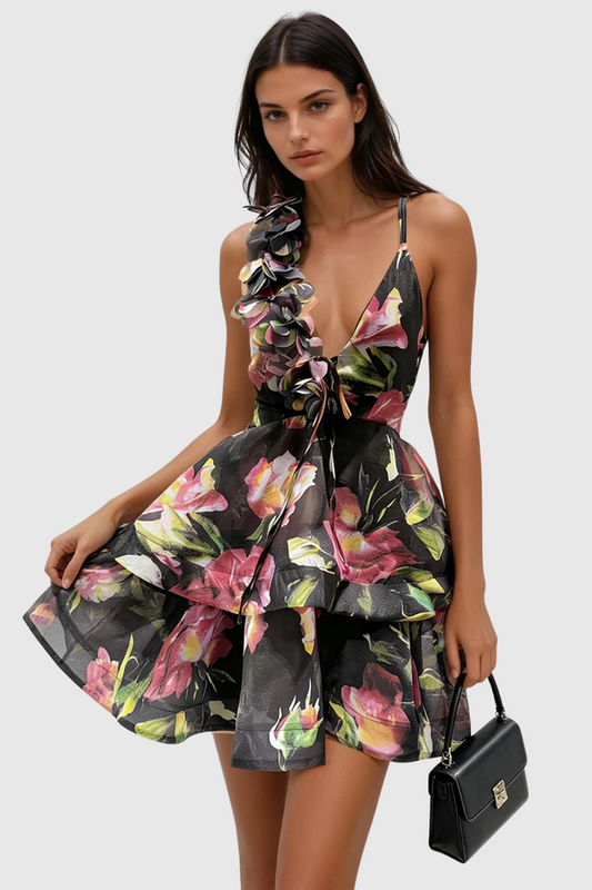 ERIKA - Asymmetric Floral Ruffle Mini Dress