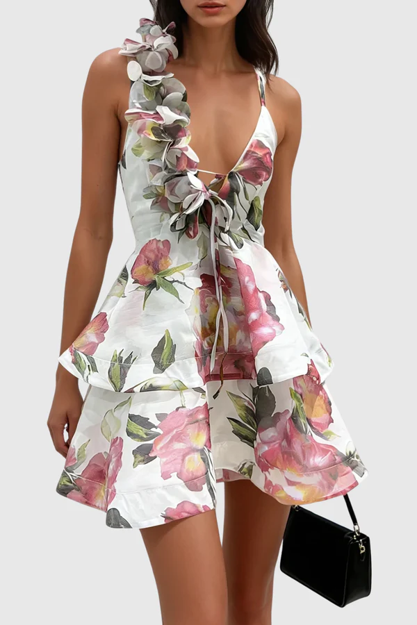ERIKA - Asymmetric Floral Ruffle Mini Dress