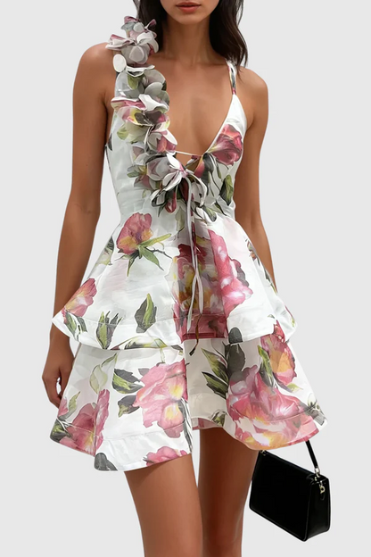 ERIKA - Asymmetric Floral Ruffle Mini Dress