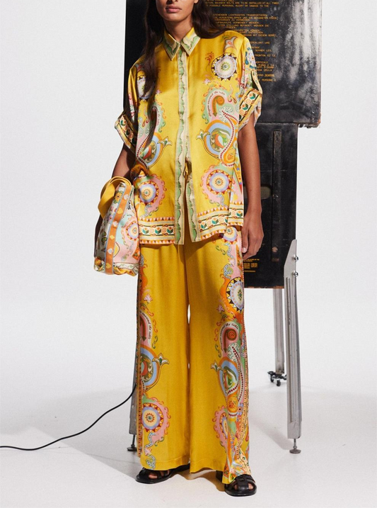 ELISA - Boho Luxe Printed Silk-Feel Set – Shirt & Wide-Leg Pants (Limited Edition)
