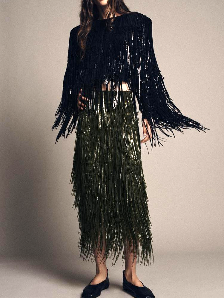ALBA - Fringe Midi Skirt – Party Skirt – Statement Evening Skirt – Holiday Outfit