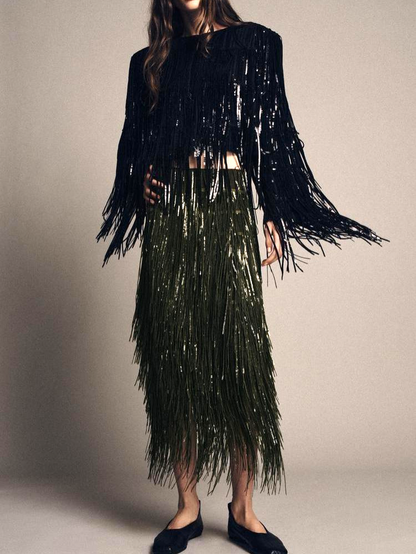 ALBA - Fringe Midi Skirt – Party Skirt – Statement Evening Skirt – Holiday Outfit