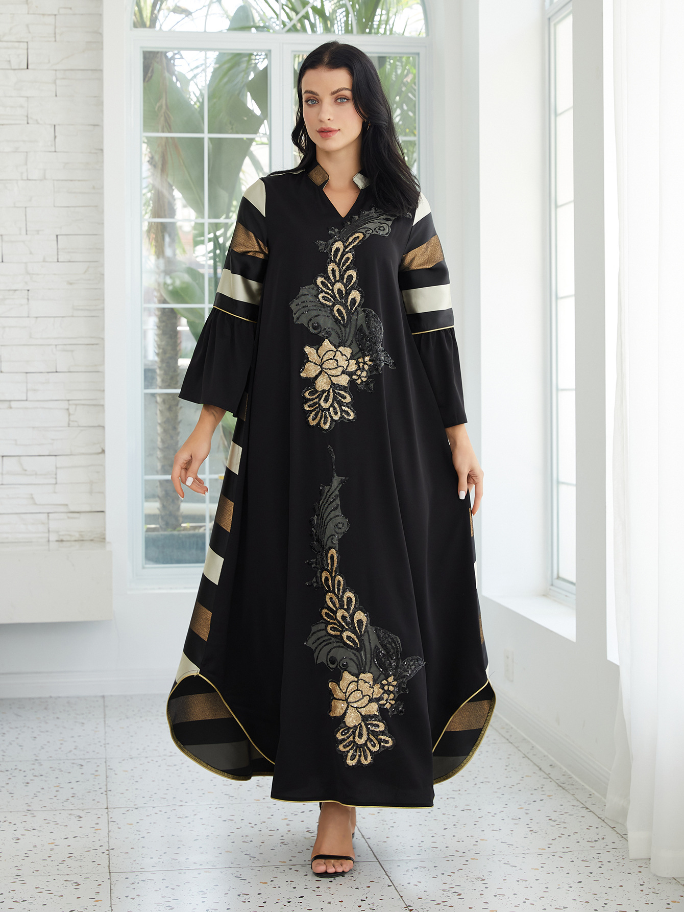 LUDO - Elegant Black Kaftan Maxi Dress with Gold Floral Embroidery and Flared Sleeves