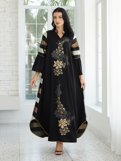 LUDO - Elegant Black Kaftan Maxi Dress with Gold Floral Embroidery and Flared Sleeves