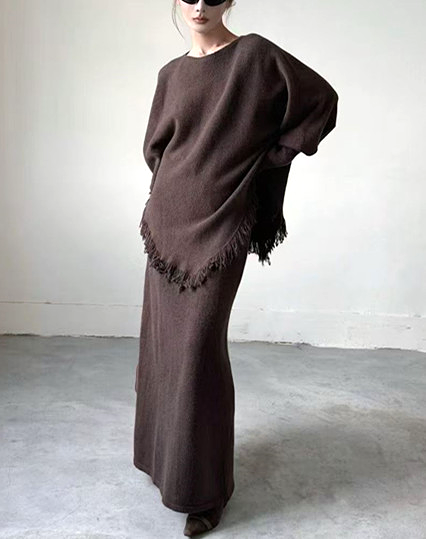 LARA - Cozy Chic Knit Set with Skirt and Fringed Poncho