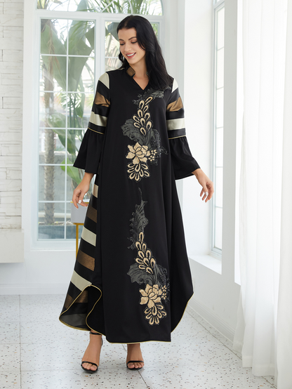 LUDO - Elegant Black Kaftan Maxi Dress with Gold Floral Embroidery and Flared Sleeves