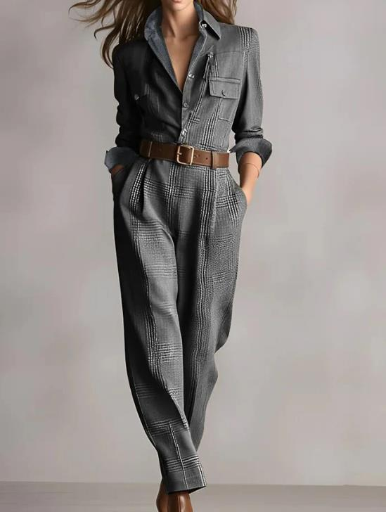 ELISABETTA - Tailored Plaid Jumpsuit – Long Sleeve One-Piece – Elegant Fall/Winter Workwear & Street Style