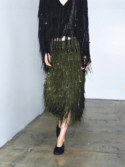 ALBA - Fringe Midi Skirt – Party Skirt – Statement Evening Skirt – Holiday Outfit