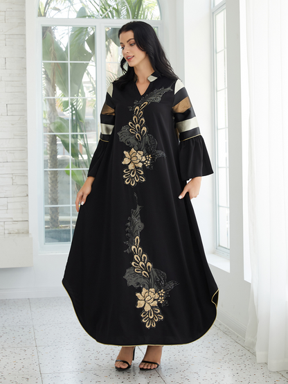 LUDO - Elegant Black Kaftan Maxi Dress with Gold Floral Embroidery and Flared Sleeves