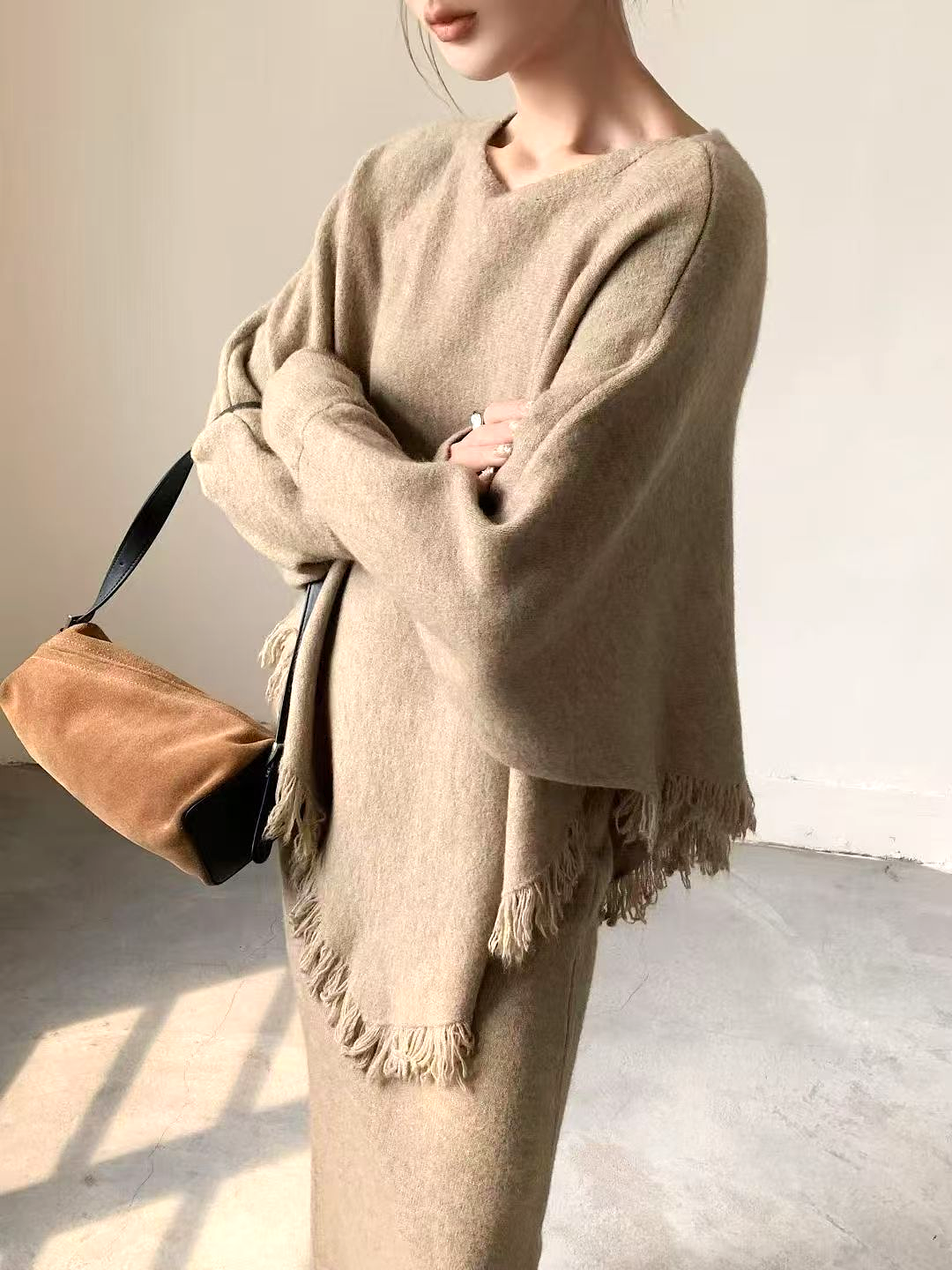 LARA - Cozy Chic Knit Set with Skirt and Fringed Poncho