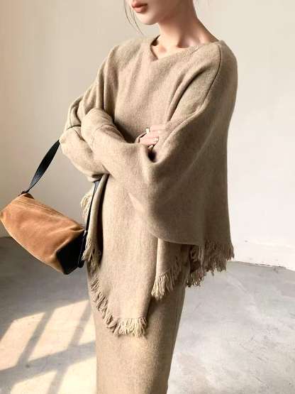 LARA - Cozy Chic Knit Set with Skirt and Fringed Poncho