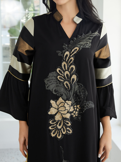 LUDO - Elegant Black Kaftan Maxi Dress with Gold Floral Embroidery and Flared Sleeves
