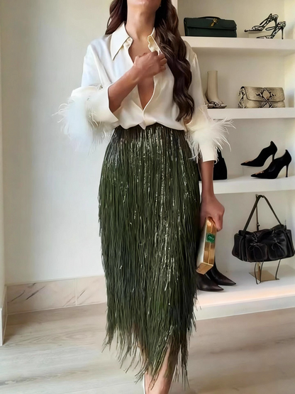 ALBA - Fringe Midi Skirt – Party Skirt – Statement Evening Skirt – Holiday Outfit