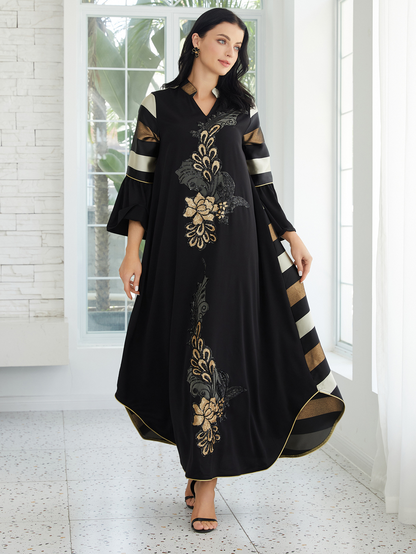 LUDO - Elegant Black Kaftan Maxi Dress with Gold Floral Embroidery and Flared Sleeves