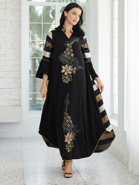 LUDO - Elegant Black Kaftan Maxi Dress with Gold Floral Embroidery and Flared Sleeves
