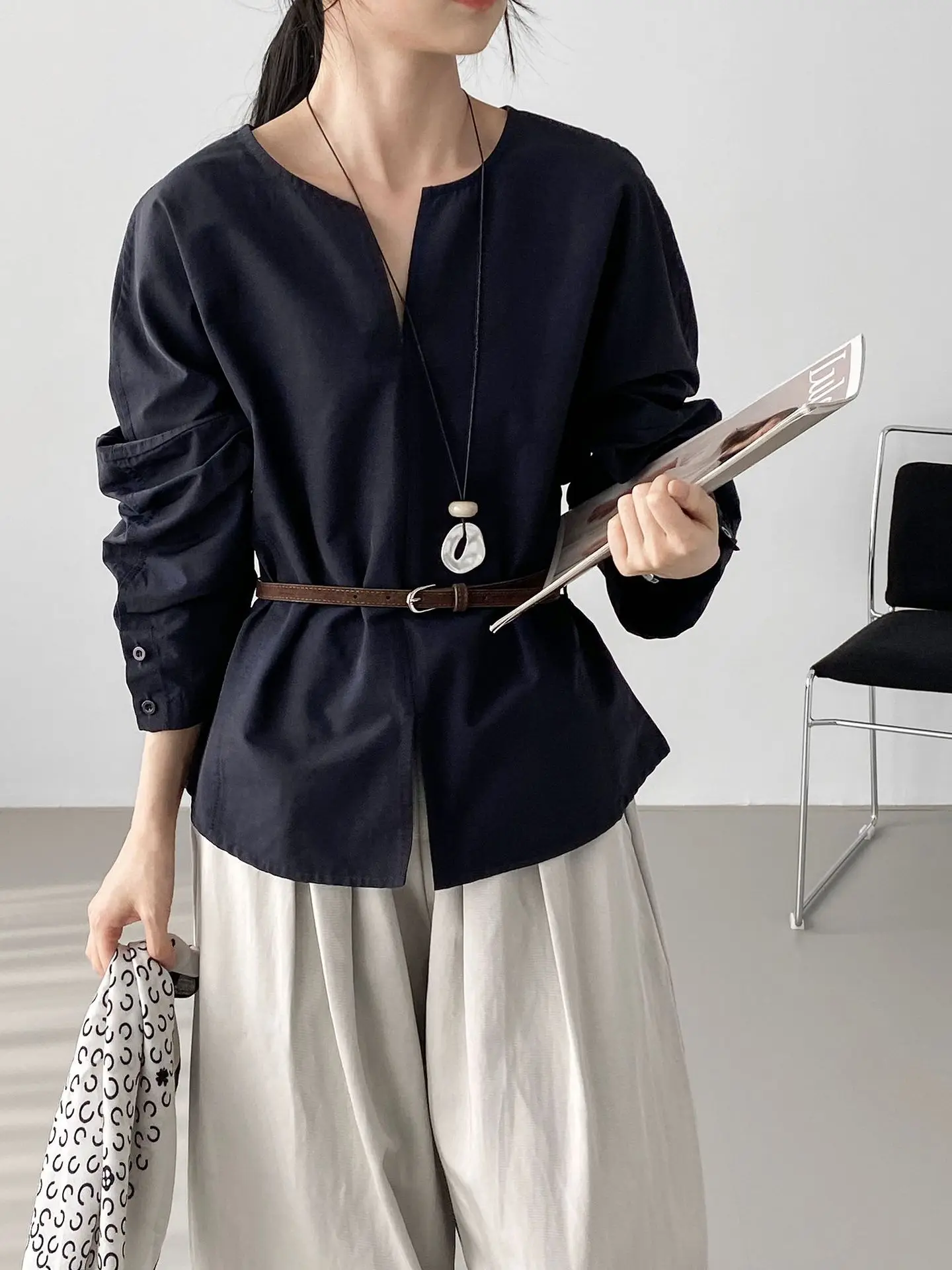 TINA - Minimalist Long-Sleeve Blouse with Belted Waist