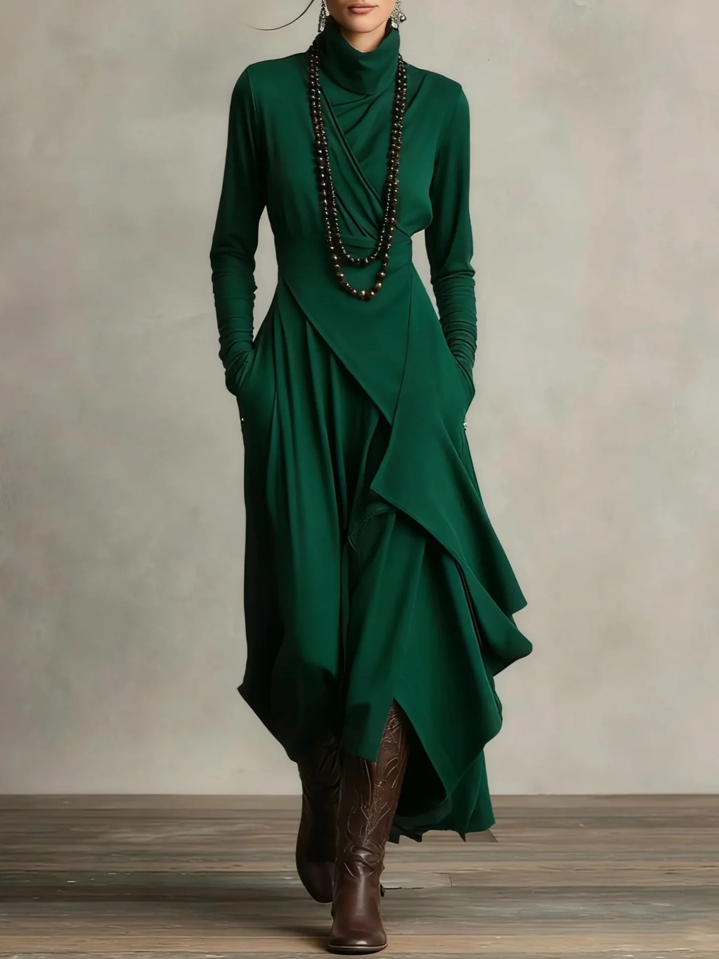 STELLA - Elegant Turtleneck Maxi Dress – Asymmetrical Layered Hem – Long Sleeve Fall/Winter Dress with Pockets