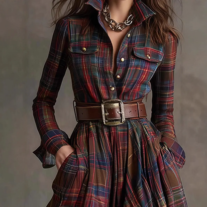 MARIA - Plaid Maxi Shirt Dress – Vintage-Inspired Long Dress with Button Front (Belt Not Included)