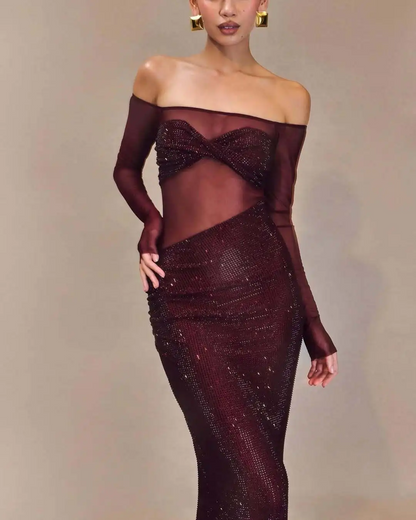 ADA - Wine Red Mesh Sequin Gown