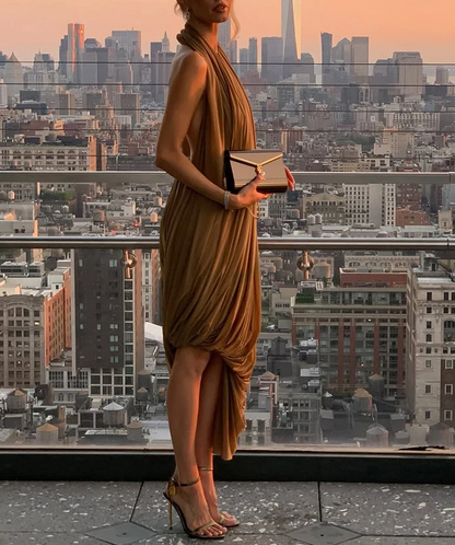 AVA - Draped Halter Midi Dress – Effortless Evening Elegance