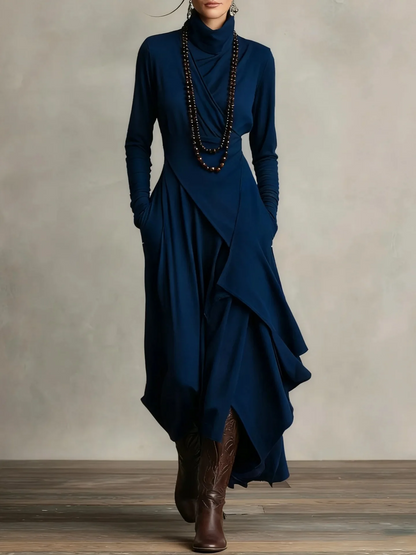 STELLA - Elegant Turtleneck Maxi Dress – Asymmetrical Layered Hem – Long Sleeve Fall/Winter Dress with Pockets