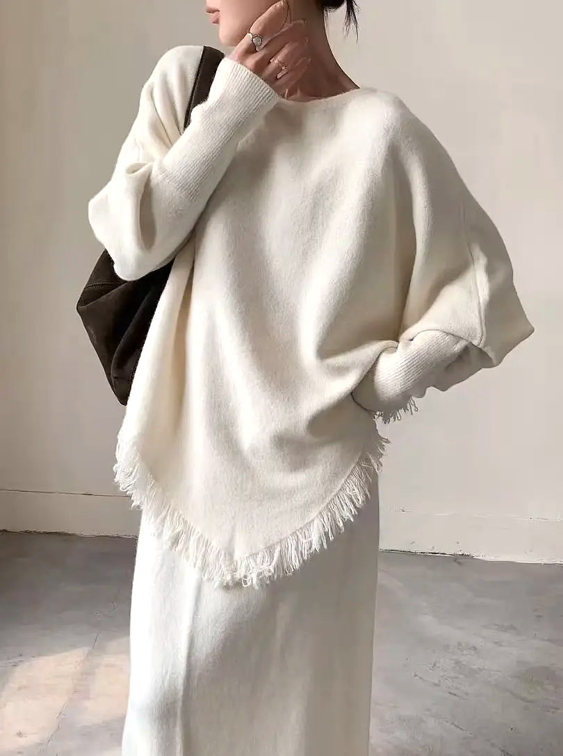 LARA - Cozy Chic Knit Set with Skirt and Fringed Poncho