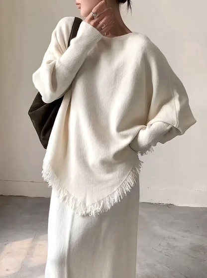 LARA - Cozy Chic Knit Set with Skirt and Fringed Poncho