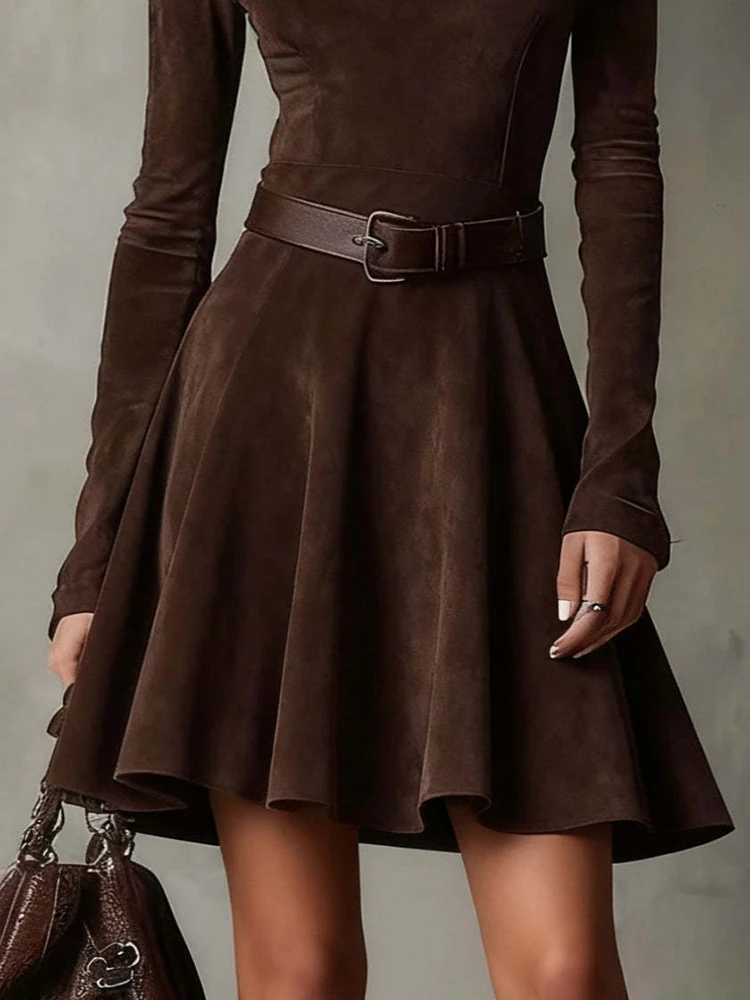 OLGA - Brown Suede Long-Sleeve Flared Mini Dress