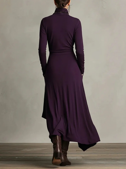 STELLA - Elegant Turtleneck Maxi Dress – Asymmetrical Layered Hem – Long Sleeve Fall/Winter Dress with Pockets