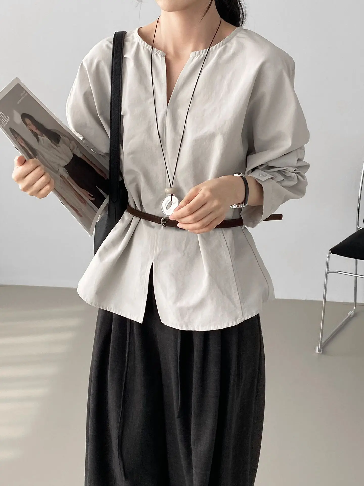 TINA - Minimalist Long-Sleeve Blouse with Belted Waist
