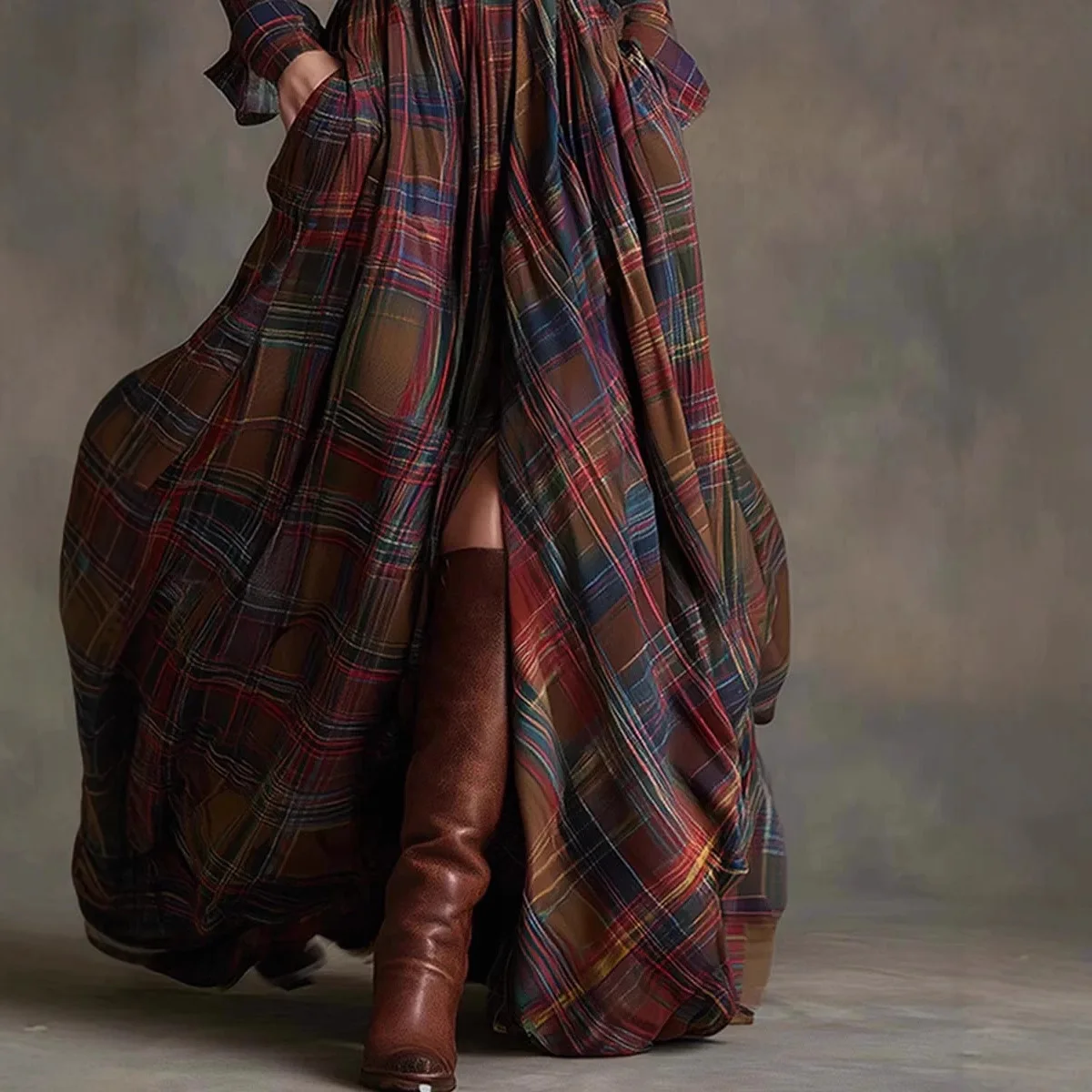 MARIA - Plaid Maxi Shirt Dress – Vintage-Inspired Long Dress with Button Front (Belt Not Included)