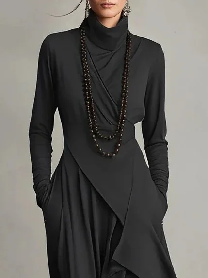 STELLA - Elegant Turtleneck Maxi Dress – Asymmetrical Layered Hem – Long Sleeve Fall/Winter Dress with Pockets
