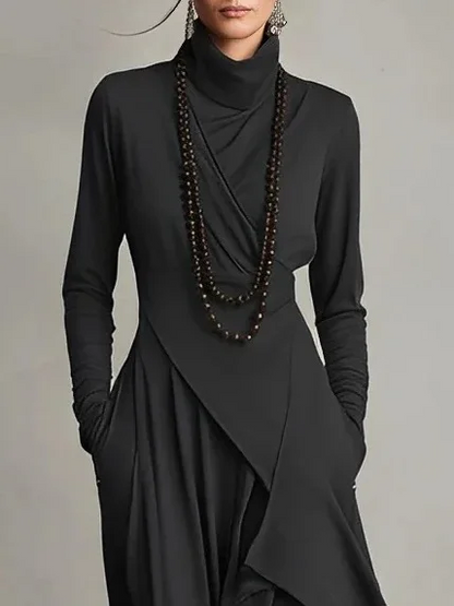 STELLA - Elegant Turtleneck Maxi Dress – Asymmetrical Layered Hem – Long Sleeve Fall/Winter Dress with Pockets