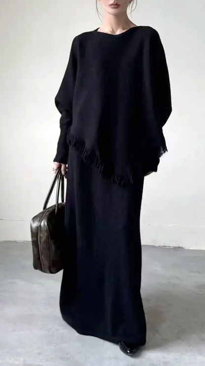 LARA - Cozy Chic Knit Set with Skirt and Fringed Poncho