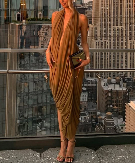 AVA - Draped Halter Midi Dress – Effortless Evening Elegance