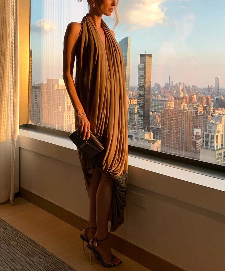 AVA - Draped Halter Midi Dress – Effortless Evening Elegance