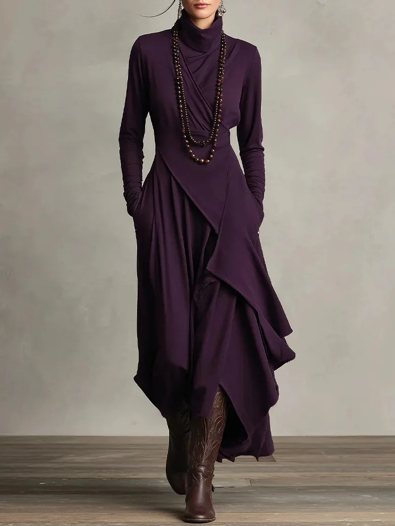 STELLA - Elegant Turtleneck Maxi Dress – Asymmetrical Layered Hem – Long Sleeve Fall/Winter Dress with Pockets