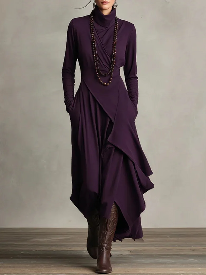 STELLA - Elegant Turtleneck Maxi Dress – Asymmetrical Layered Hem – Long Sleeve Fall/Winter Dress with Pockets