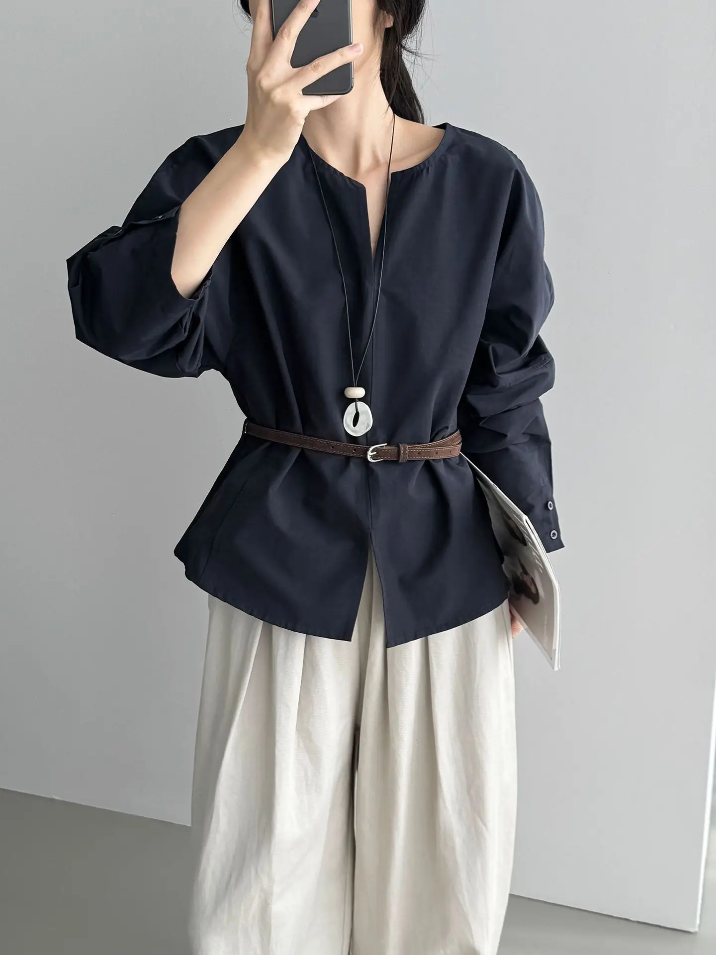 TINA - Minimalist Long-Sleeve Blouse with Belted Waist