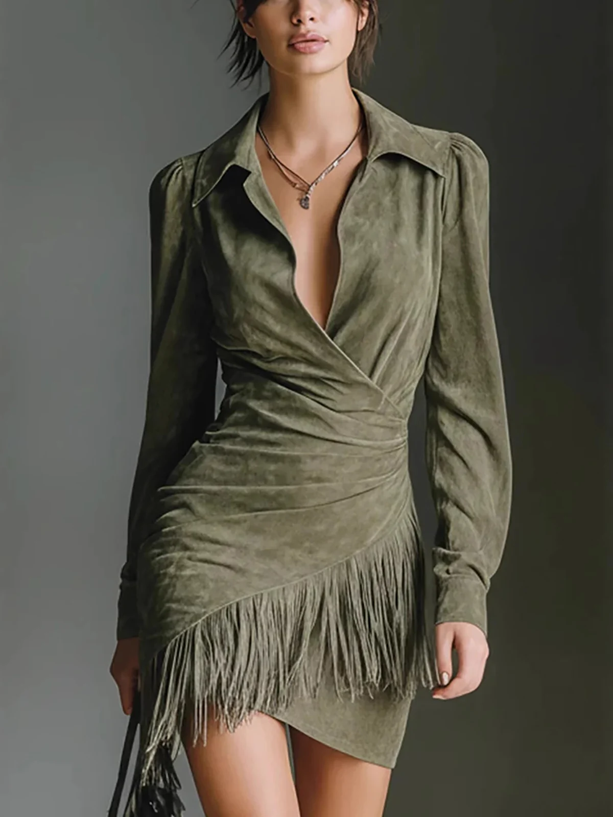 EMILIA - Suede Fringe Wrap Mini Dress – Long Sleeve Western Chic Dress – Fall/Winter Party Dress – Deep V Neck