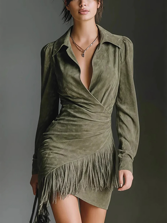 EMILIA - Suede Fringe Wrap Mini Dress – Long Sleeve Western Chic Dress – Fall/Winter Party Dress – Deep V Neck