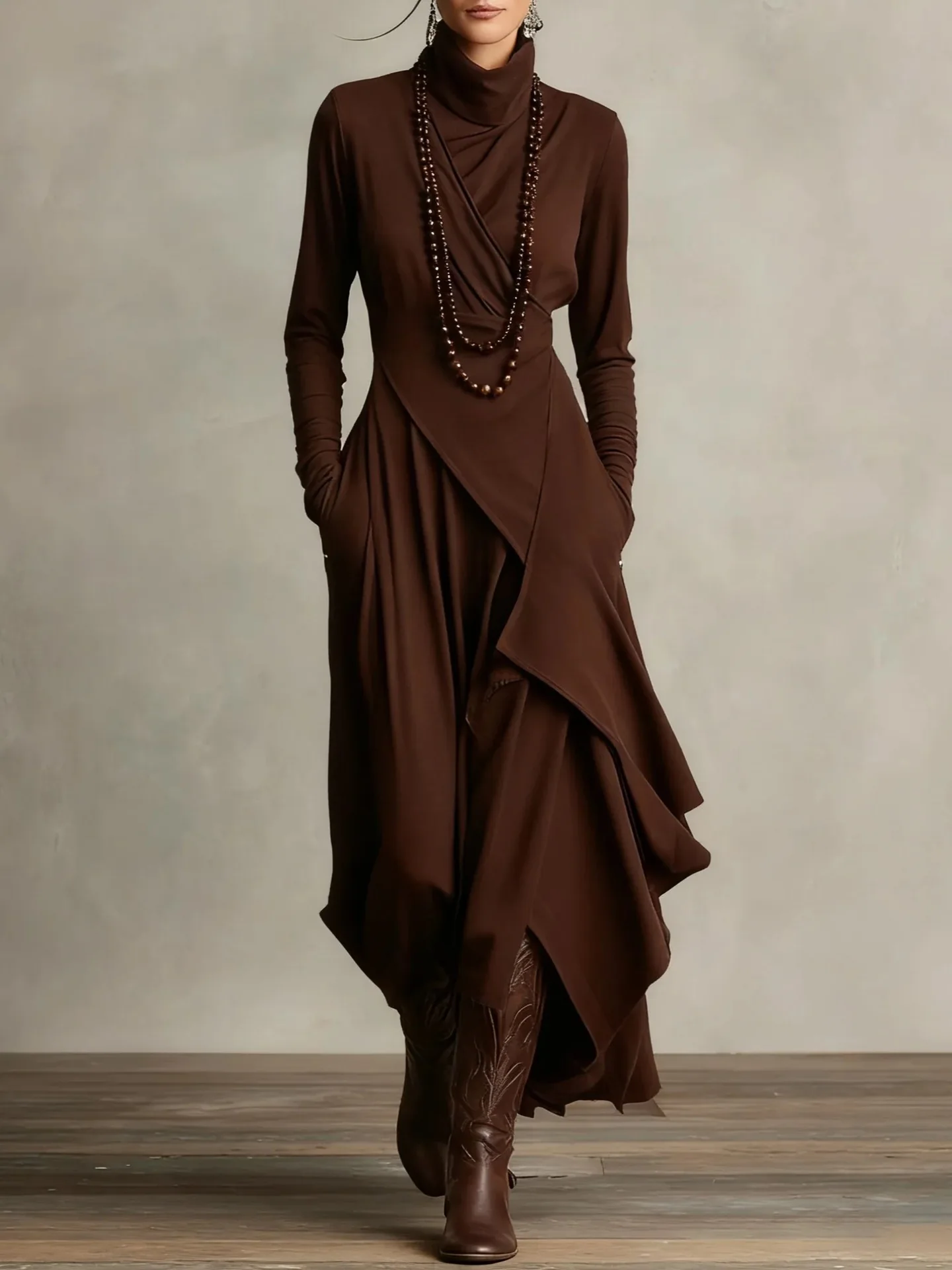 STELLA - Elegant Turtleneck Maxi Dress – Asymmetrical Layered Hem – Long Sleeve Fall/Winter Dress with Pockets