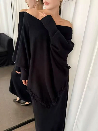 LARA - Cozy Chic Knit Set with Skirt and Fringed Poncho